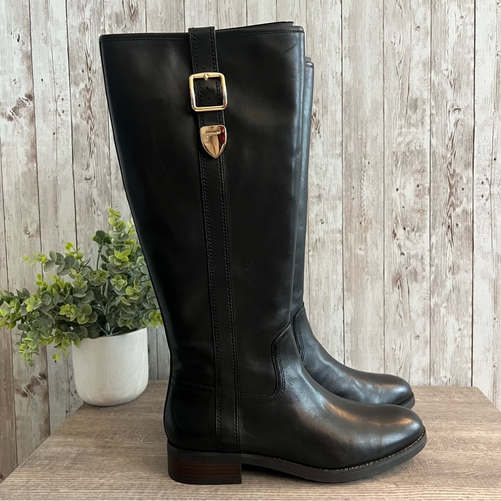 Coach Easton Tall Equestrian Black Leather Boots Gold Buckle Sophisticated 9 - Picture 1 of 10